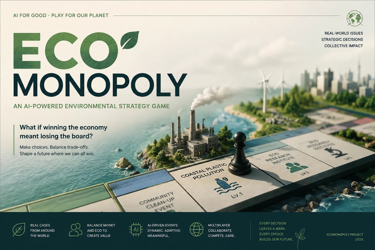 EcoMonopoly environmental strategy-game cover showing a board between industrial pollution and a greener city