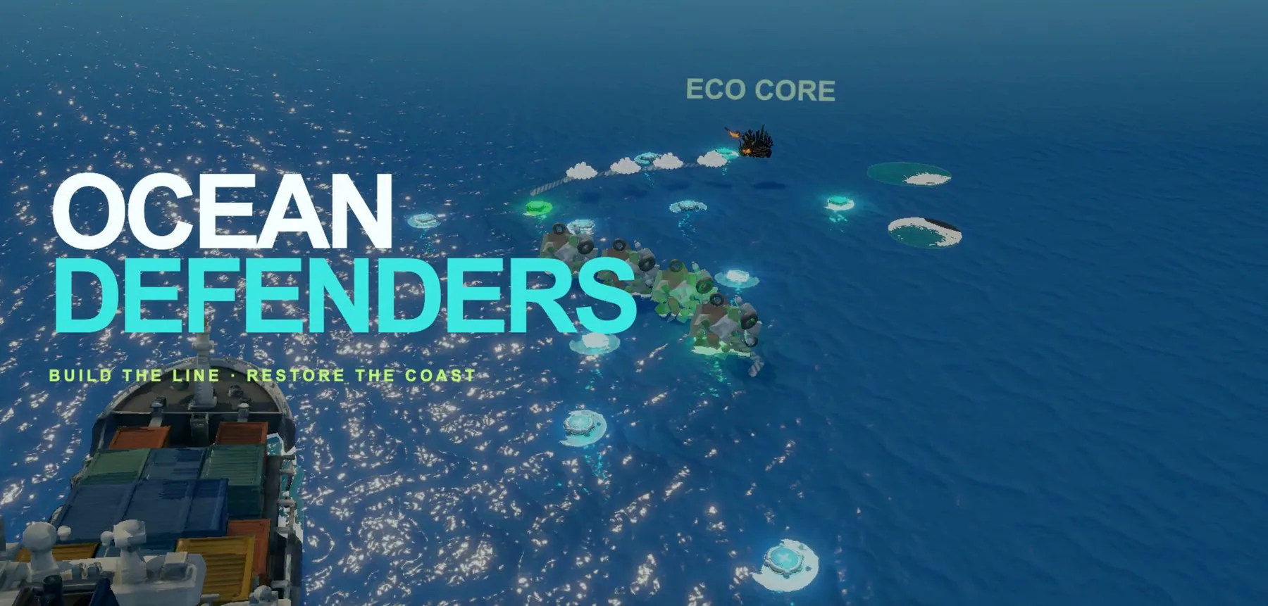 Ocean Defenders gameplay over a sunlit ocean