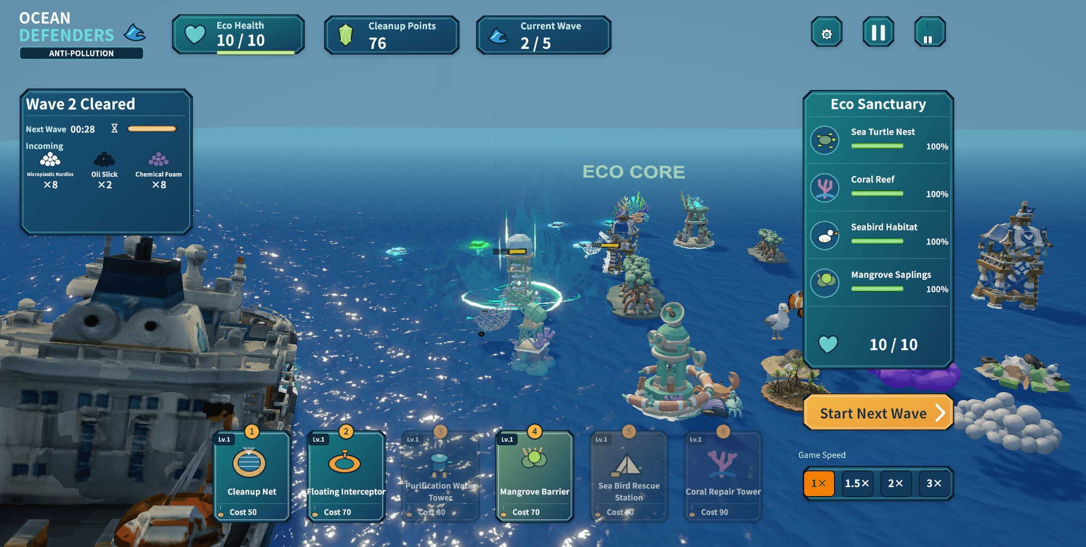 Ocean Defenders gameplay showing cleanup towers protecting an ocean habitat