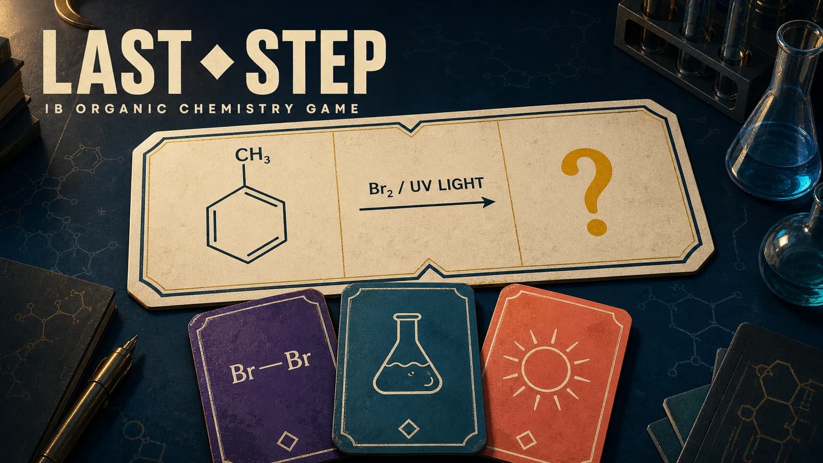 Last Step organic chemistry card-game cover with a skeletal reaction prediction puzzle